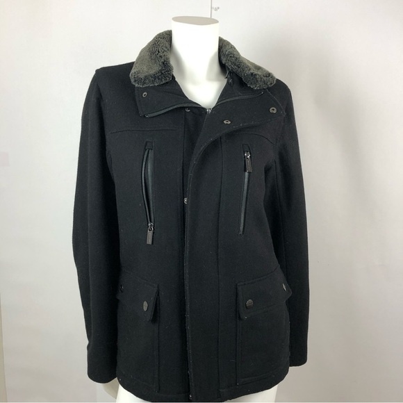Women's Coat Black Michael Kors with Faux Fur Collar Wool Blend Sz Small - Picture 1 of 7